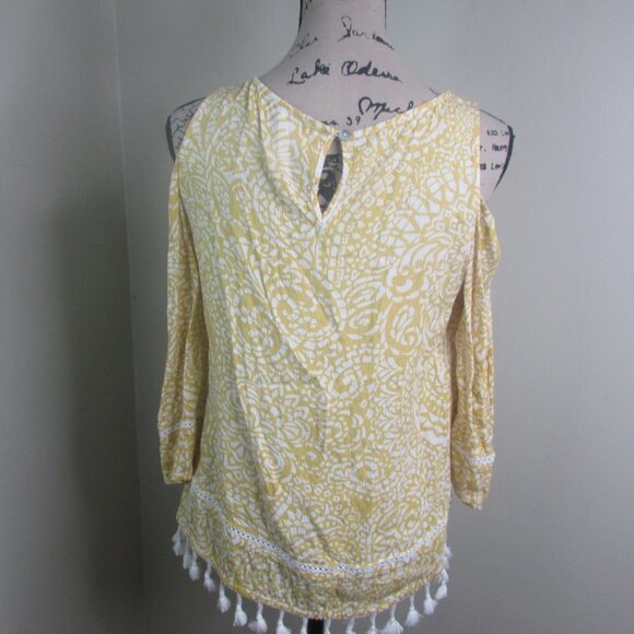 Chico's Blouse 0 Yellow Cold Shoulder 3/4 Sleeve - Picture 10 of 13